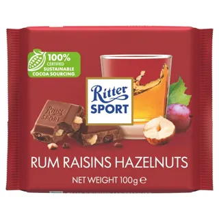 ČOKOLADA MLEČNA SA RUMOM SUVIM GROŽĐEM I LEŠNIK KOMADIĆIMA 100G RITTER SPORT