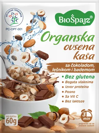 KAŠA OVSENA SA ČOKOLADOM LEŠNIKOM I BADEMOM BIO 60GR BIO ŠPAJZ