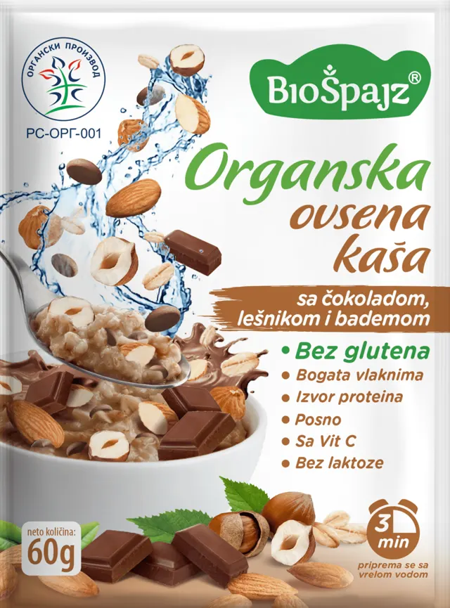 KAŠA OVSENA SA ČOKOLADOM LEŠNIKOM I BADEMOM BIO 60GR BIO ŠPAJZ BIO ŠPAJZ