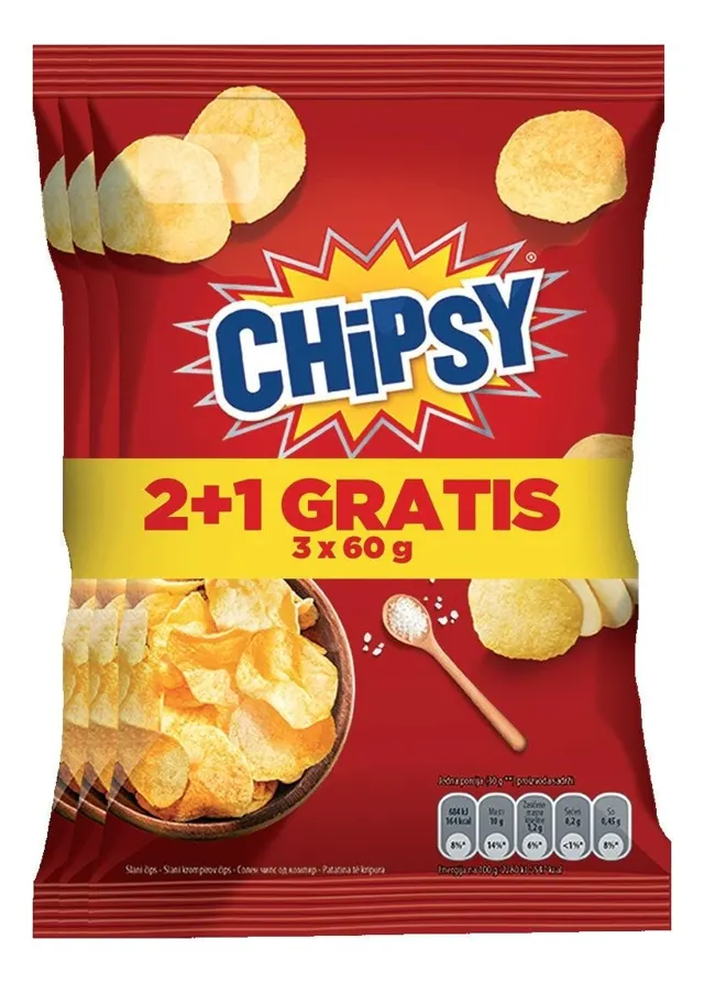 CIPS CHIPSY PLAIN 3x60GR SLANI 2+1gratis CHIPSY (MARBO)