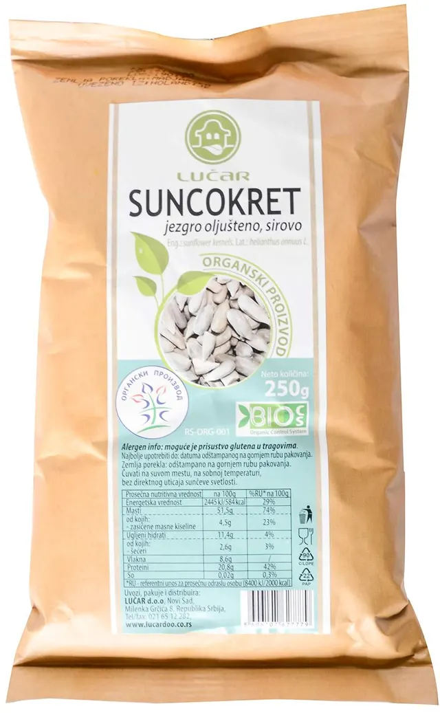 SUNCOKRET ORGANSKI JEZGRO SIROVO LUČAR 250G LUČAR