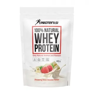 PROTEIN 100% NATURAL WHEY 400 GR JAGODA BELA ČOKOLADA PROTEINI SI