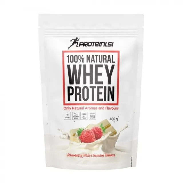 PROTEIN 100% NATURAL WHEY 400 GR JAGODA BELA ČOKOLADA PROTEINI SI PROTEINI.SI