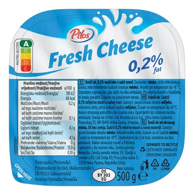 Niskomasni sveži sir 0% MK12 500g Pilos
